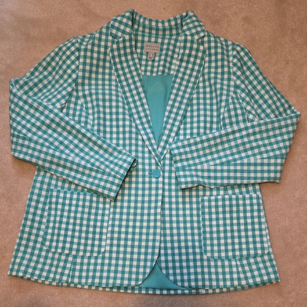 Susan Graver Teal and White Gingham Blazer